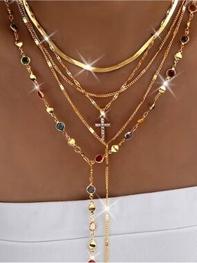 5 Pieces Gold Layered Multicolor Gemstone Cross Necklaces for Women